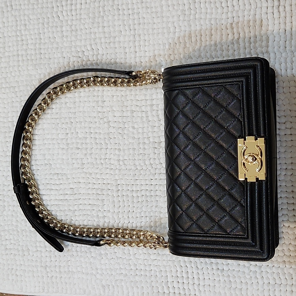 Chanel Medium Boy Bag in black caviar leather and shiny gold hdwr 17P!